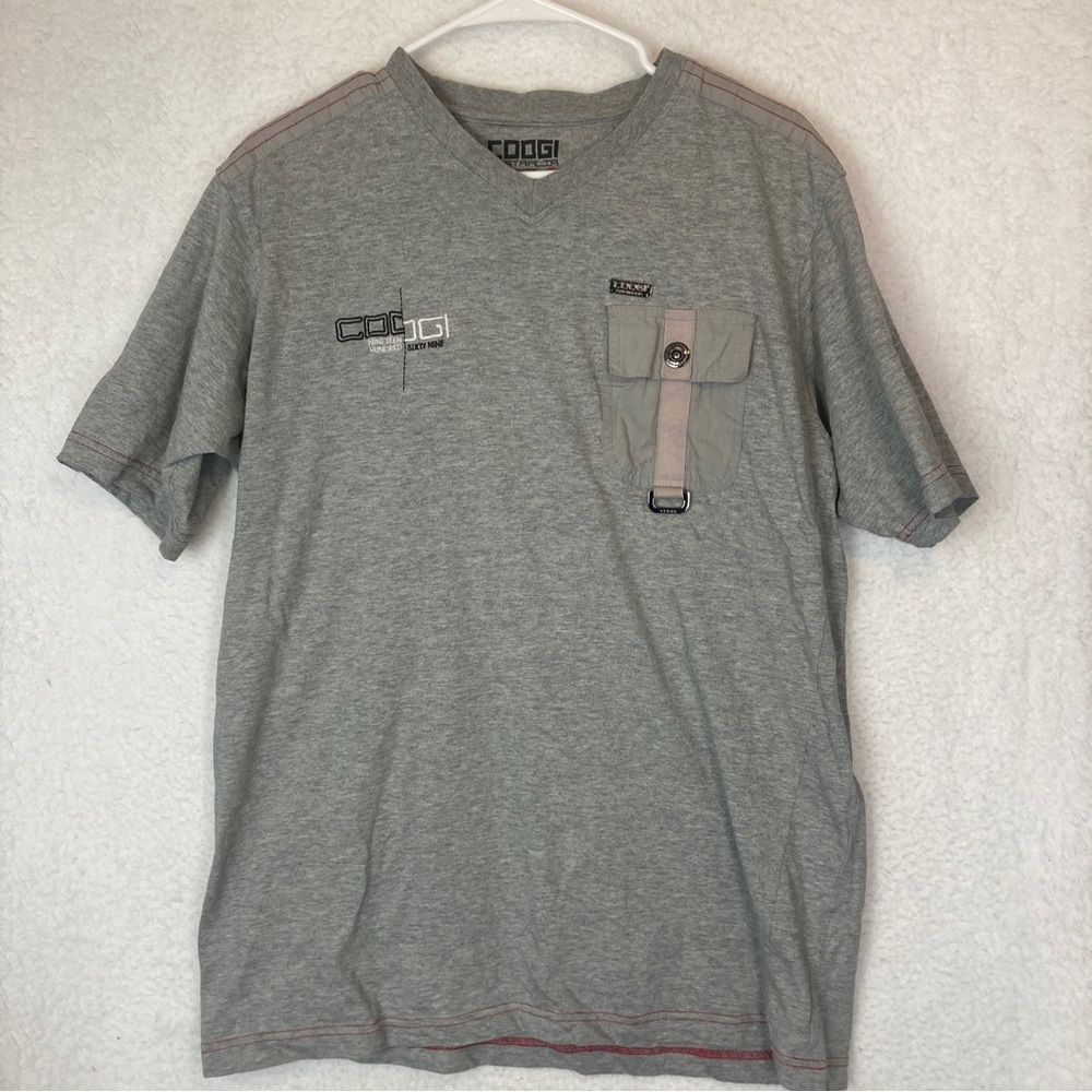 Coogi Australia Mens XL Shirt Grey Short Sleeve Shoulder Tabs Pockets